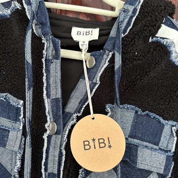 Bibi Jacket Checkered Denim and Sherpa Women's M Blue And Black - Picture 4 of 5